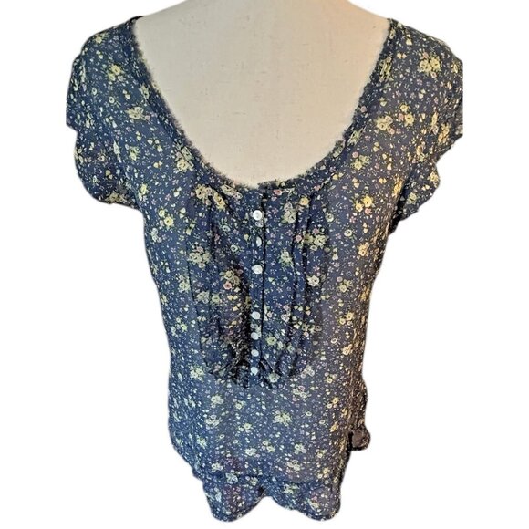 Vintage Sheer Flutter Sleeve Top Sz Large Y2K Fairy Cottage Core Bow Floral Mudd - Picture 1 of 11